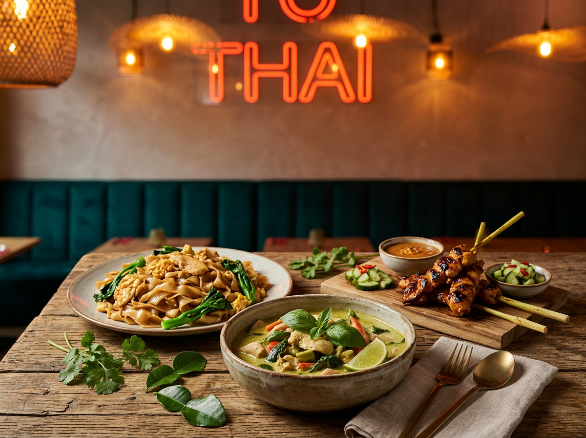 Thai curry, noodles and satay on a wood table